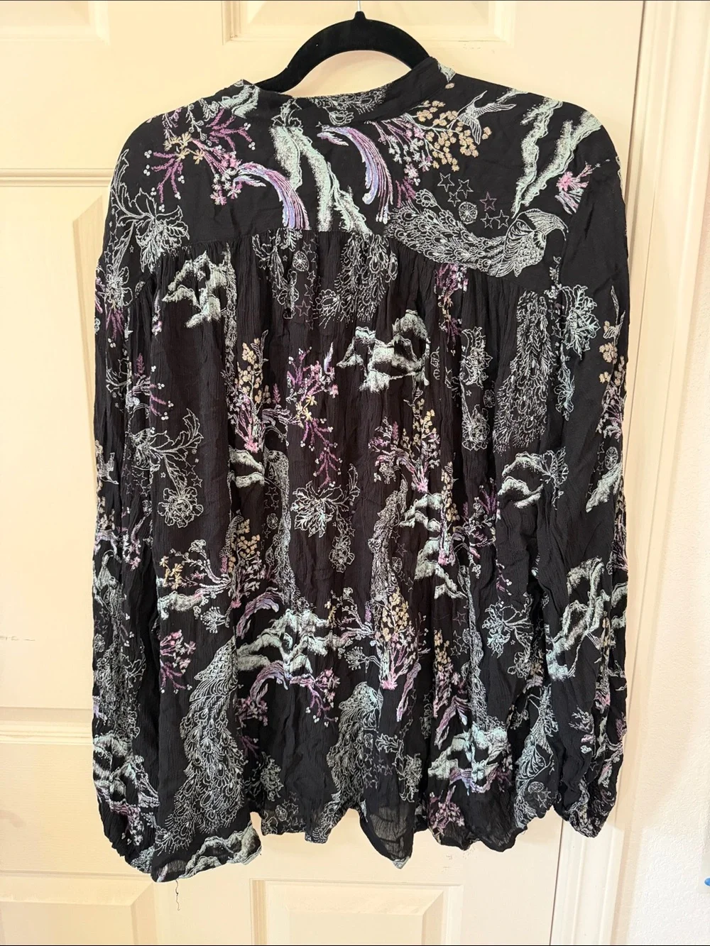 Free People Oversized Black Button-Front Shirt with Pastel Floral & Wave Accents